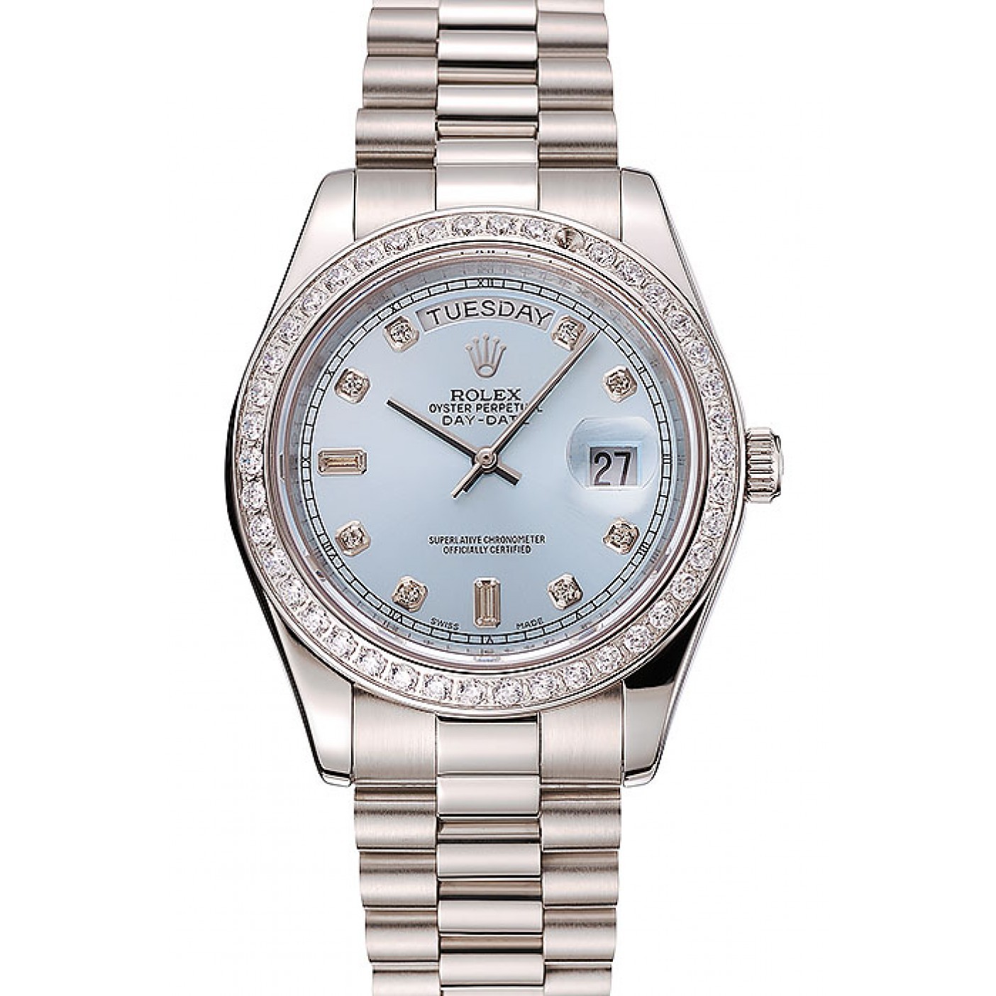 MiroTime Swiss Rolex Day-Date Ice Blue Dial Diamond Case Diamond Numerals Stainless Steel Bracelet 1453963
