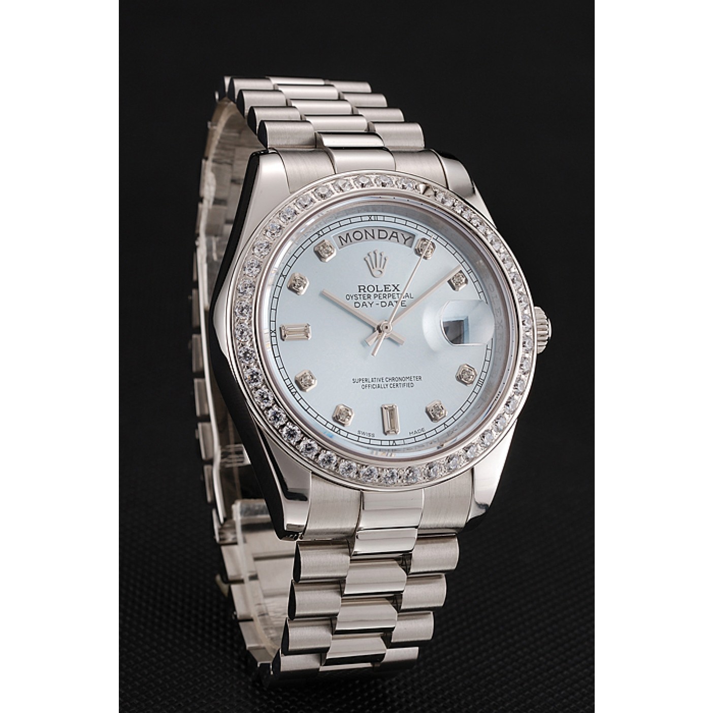 MiroTime Swiss Rolex Day-Date Ice Blue Dial Diamond Case Diamond Numerals Stainless Steel Bracelet 1453963