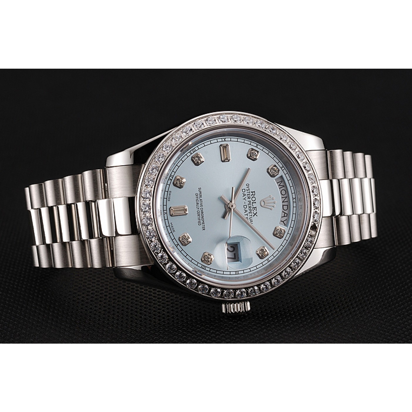 MiroTime Swiss Rolex Day-Date Ice Blue Dial Diamond Case Diamond Numerals Stainless Steel Bracelet 1453963