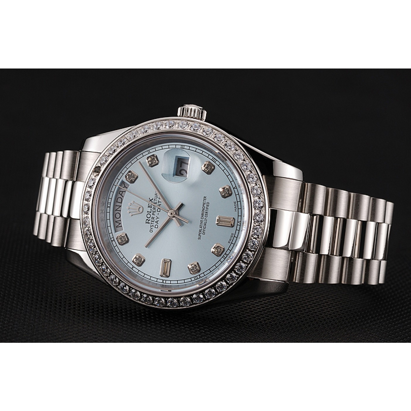 MiroTime Swiss Rolex Day-Date Ice Blue Dial Diamond Case Diamond Numerals Stainless Steel Bracelet 1453963