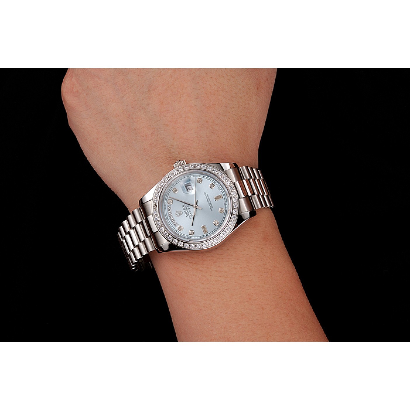 MiroTime Swiss Rolex Day-Date Ice Blue Dial Diamond Case Diamond Numerals Stainless Steel Bracelet 1453963