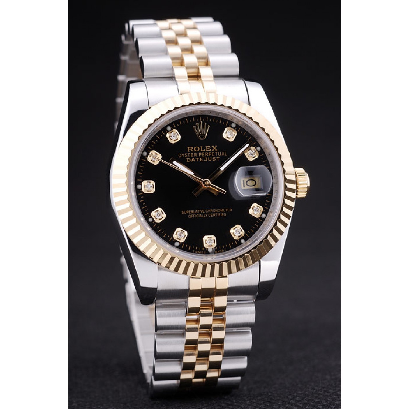 MiroTime Rolex Datejust Black Dial Diamonds Ribbed Bezel 7453