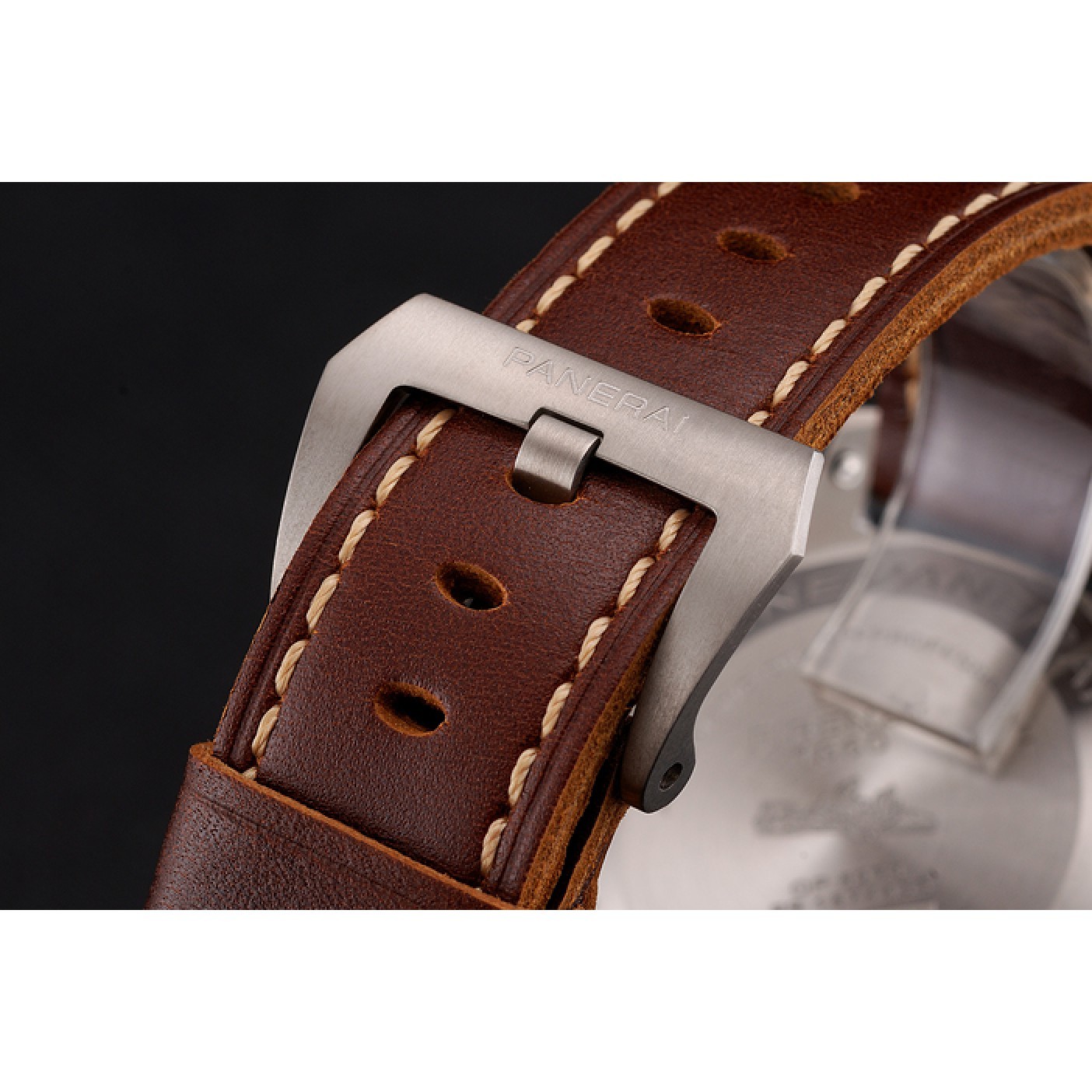 MiroTime Swiss Panerai Submersible Left Handed Black Embossed Case Stainless Steel Case Brown Leather Strap