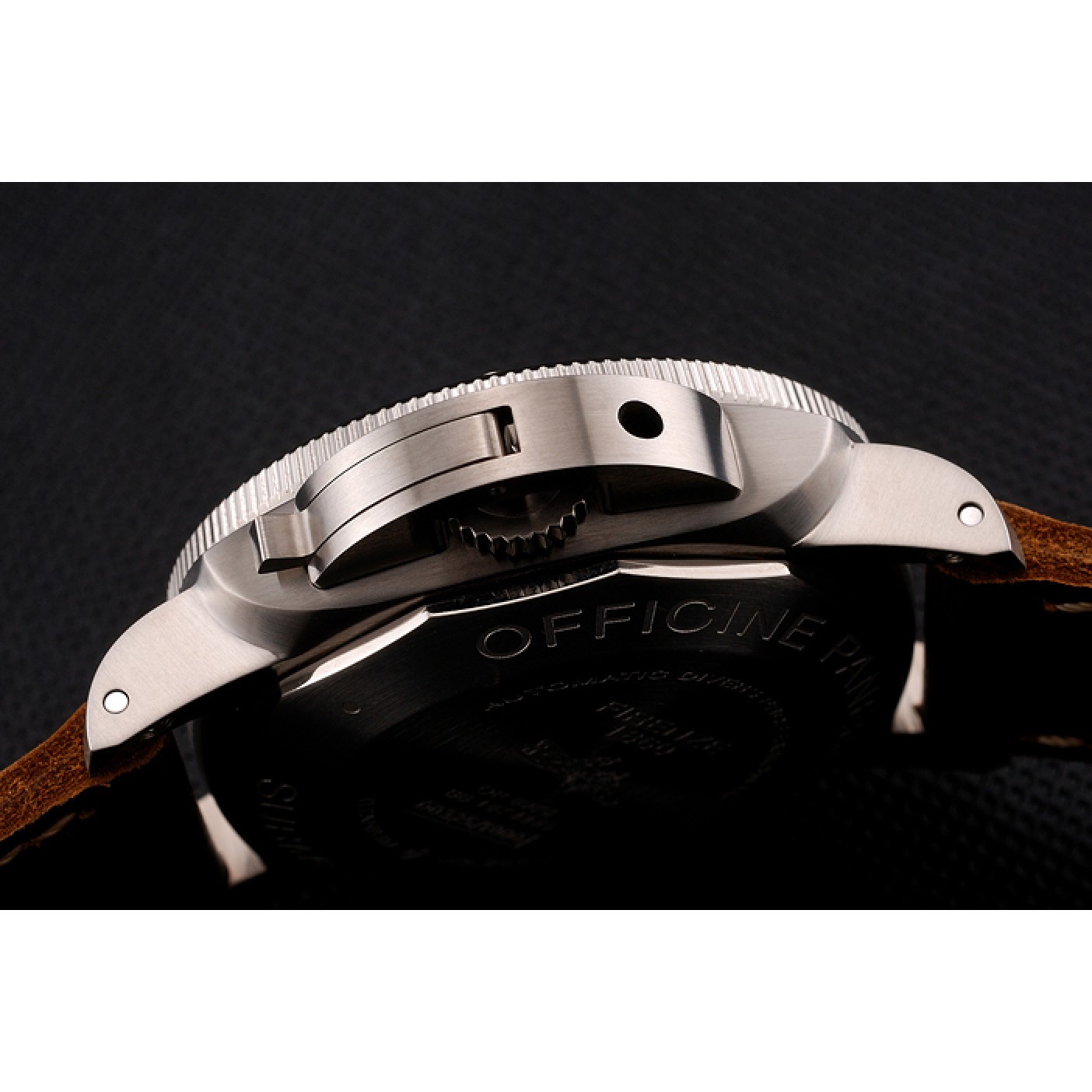 MiroTime Swiss Panerai Submersible Left Handed Black Embossed Case Stainless Steel Case Brown Leather Strap