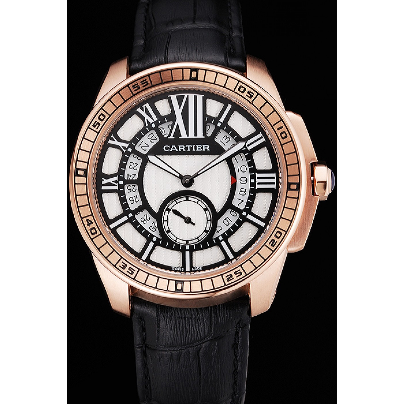 MiroTime Cartier Calibre De Cartier Small Seconds Black And White Dial Rose Gold Case Black Leather Strap