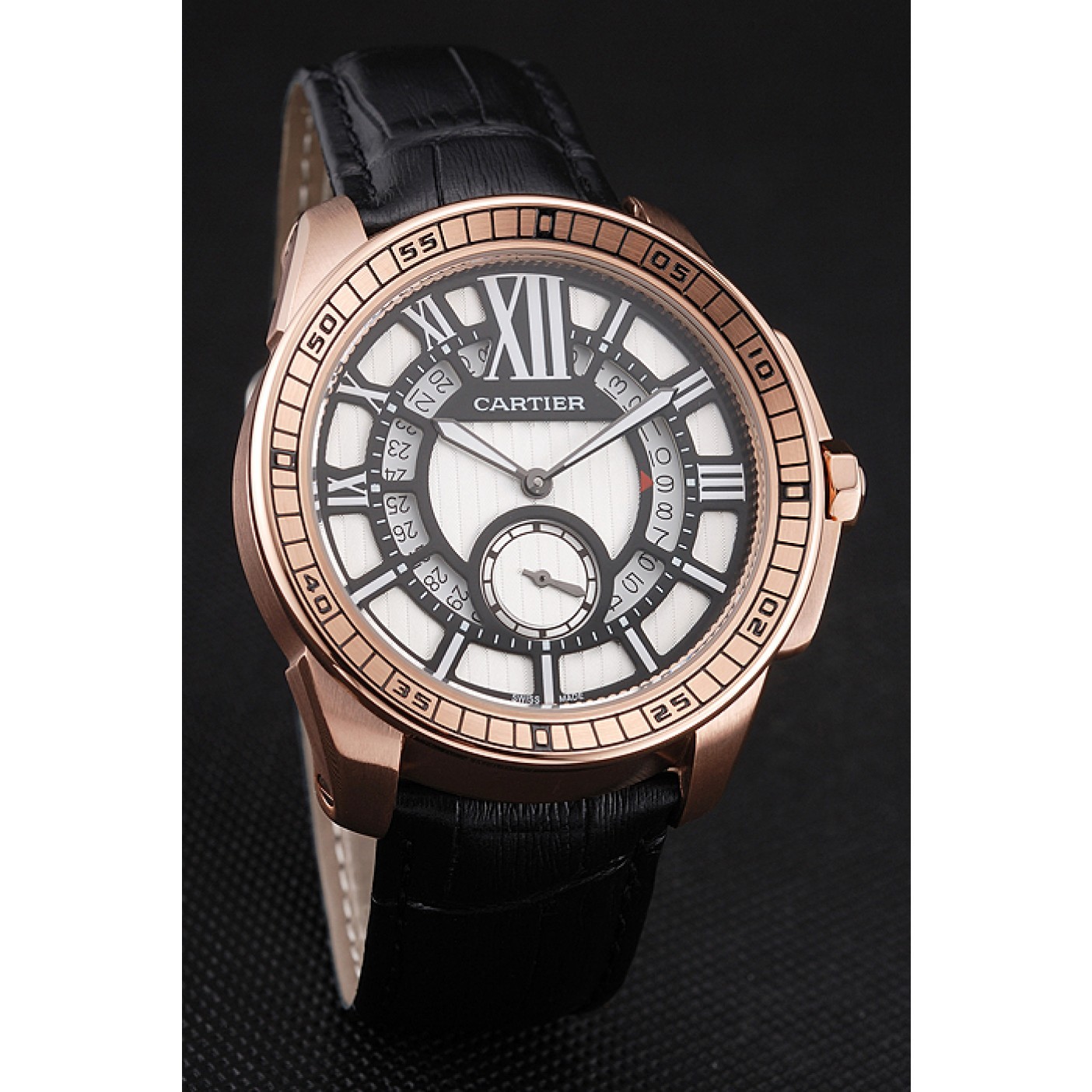 MiroTime Cartier Calibre De Cartier Small Seconds Black And White Dial Rose Gold Case Black Leather Strap