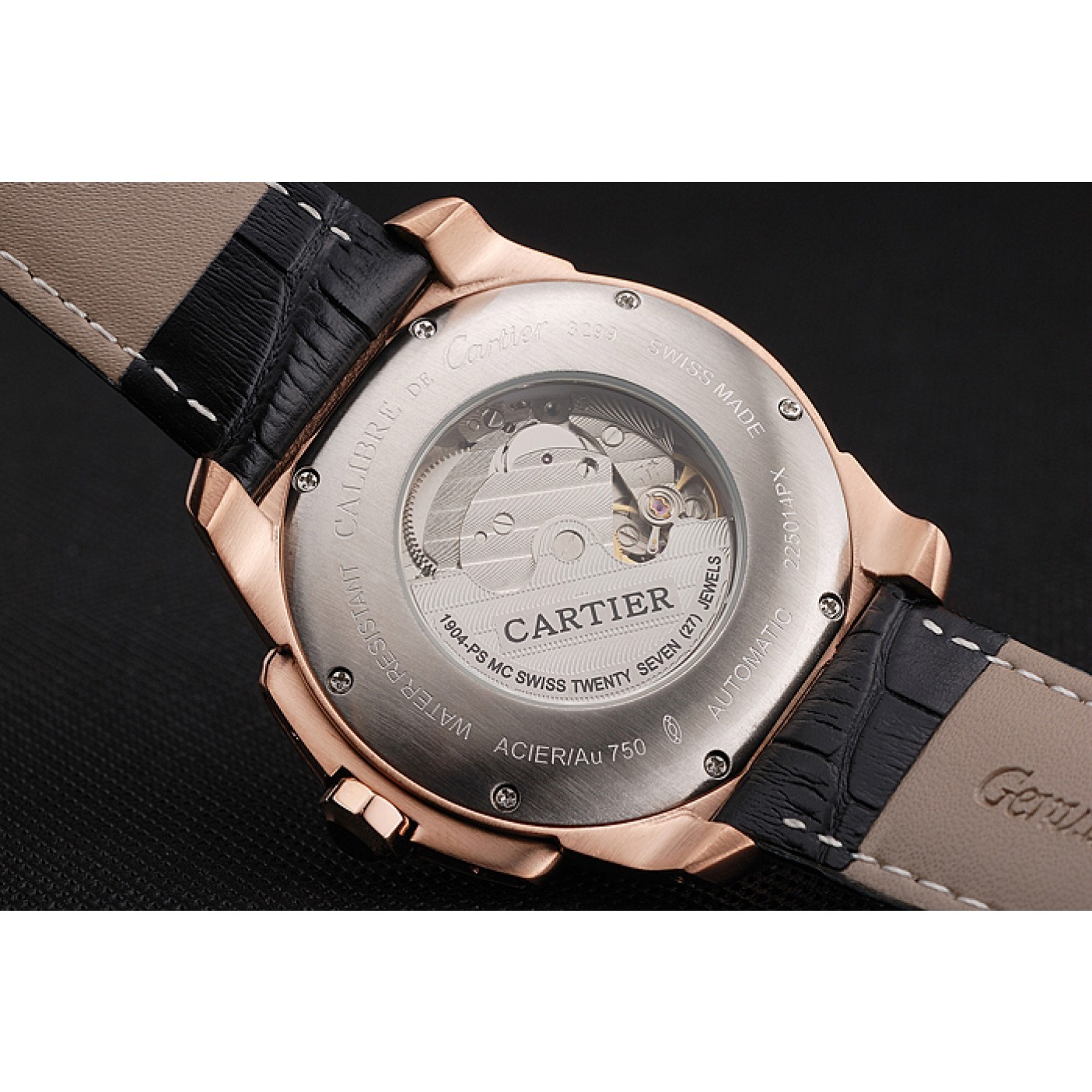 MiroTime Cartier Calibre De Cartier Small Seconds Black And White Dial Rose Gold Case Black Leather Strap