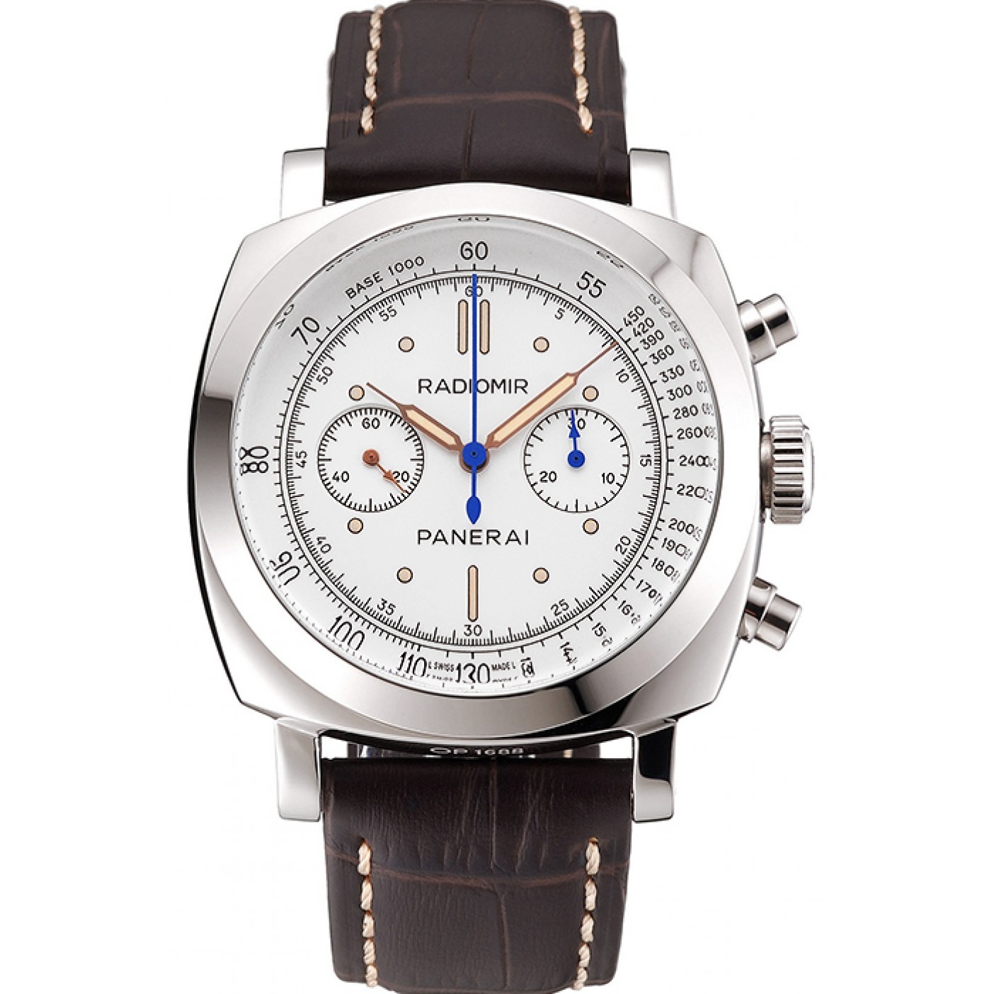 MiroTime Swiss Panerai Radiomir 1940 Chronograph White Dial Stainless Steel Case Brown Leather Strap