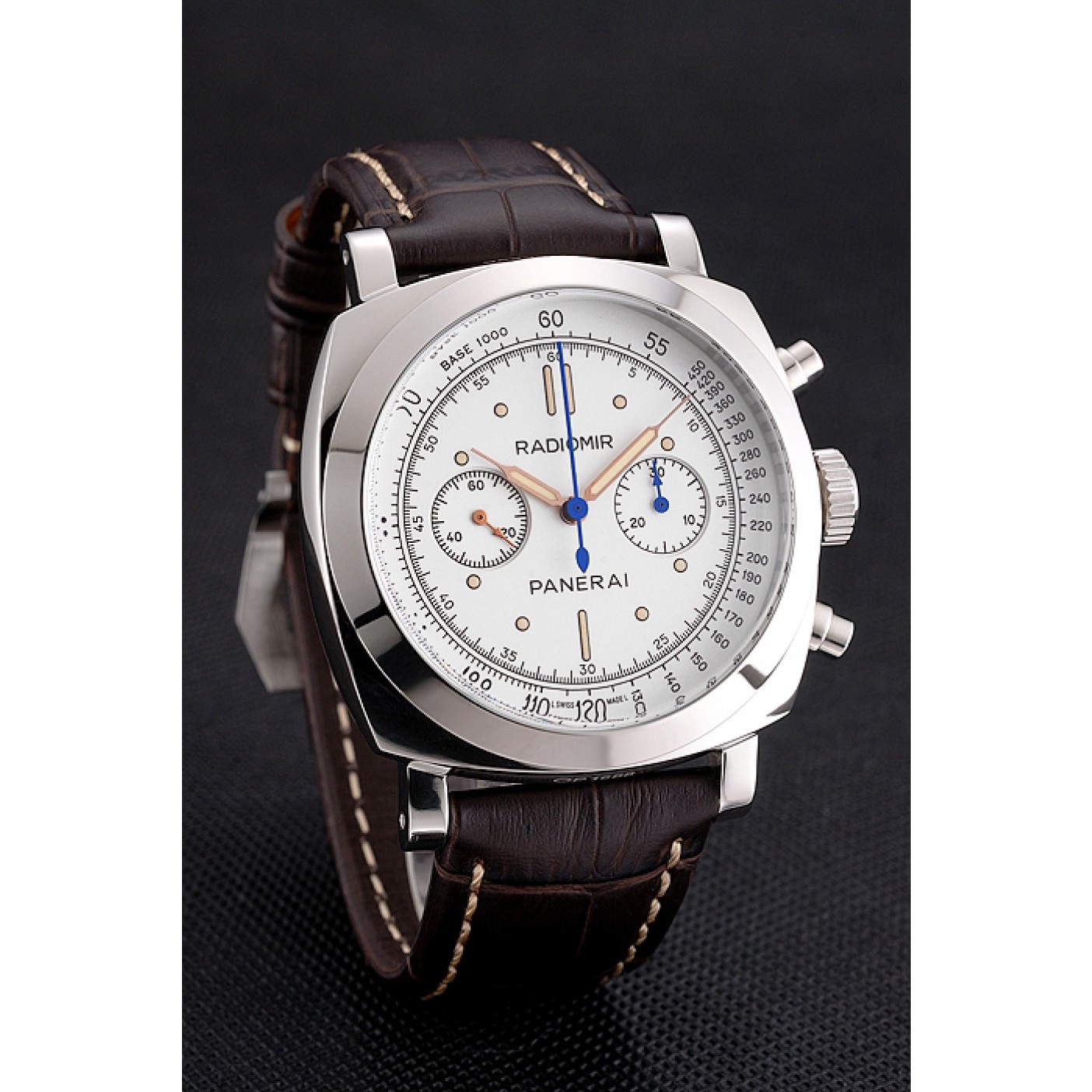 MiroTime Swiss Panerai Radiomir 1940 Chronograph White Dial Stainless Steel Case Brown Leather Strap