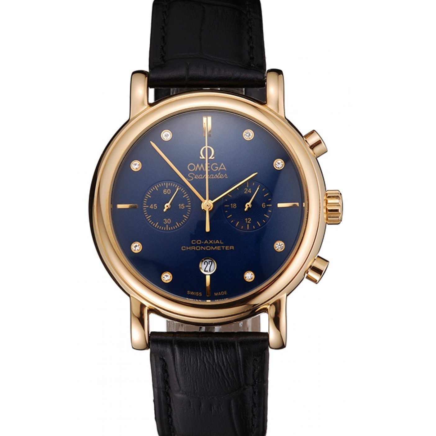 MiroTime Omega Seamaster Vintage Chronograph Blue Dial Diamond Hour Marks Gold Case Black Leather Strap