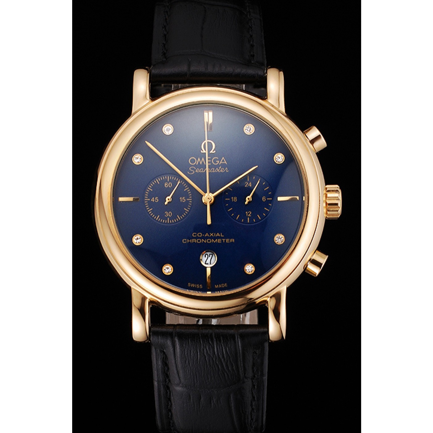 MiroTime Omega Seamaster Vintage Chronograph Blue Dial Diamond Hour Marks Gold Case Black Leather Strap