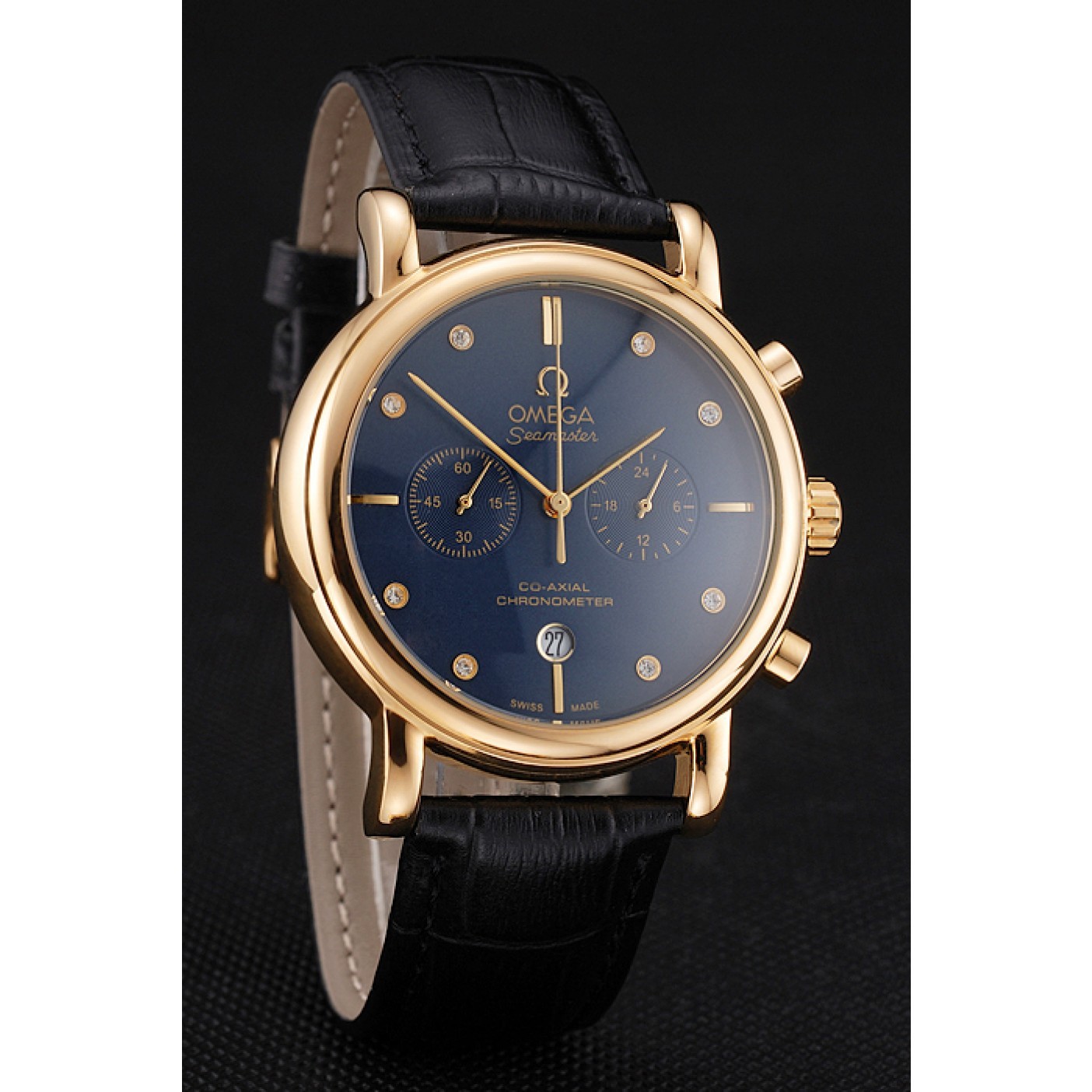 MiroTime Omega Seamaster Vintage Chronograph Blue Dial Diamond Hour Marks Gold Case Black Leather Strap