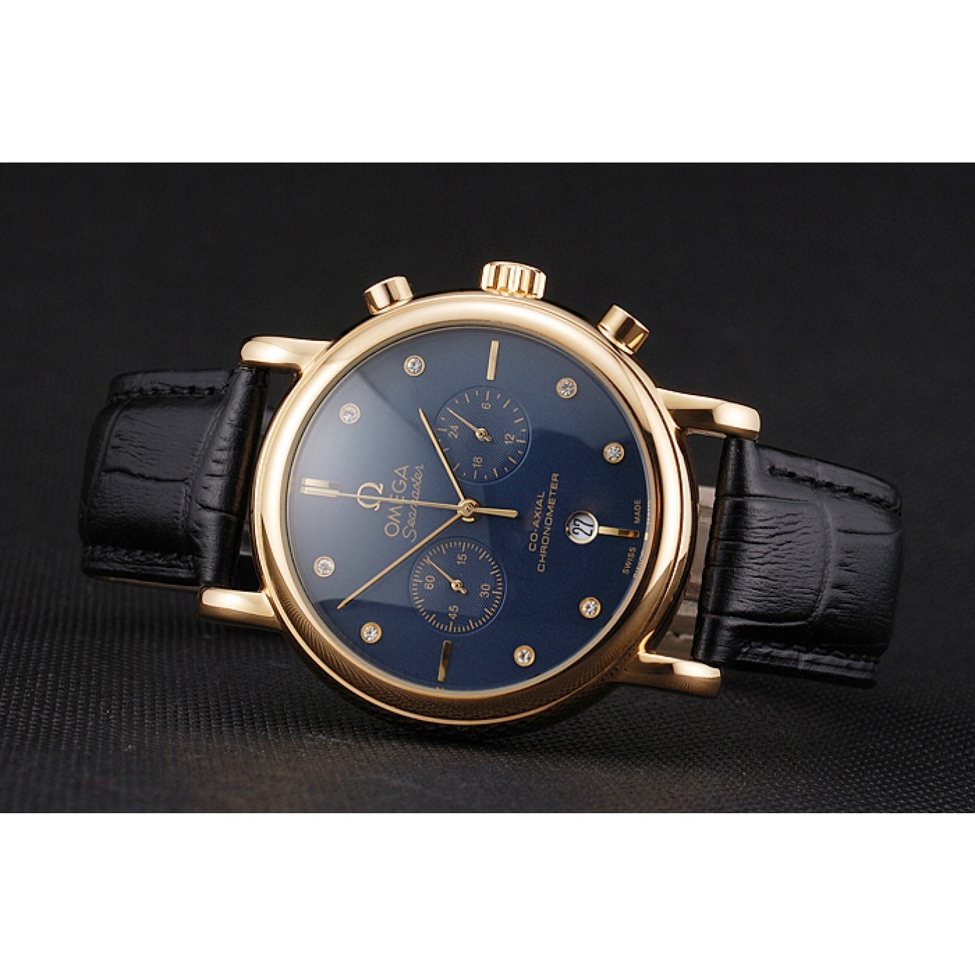 MiroTime Omega Seamaster Vintage Chronograph Blue Dial Diamond Hour Marks Gold Case Black Leather Strap