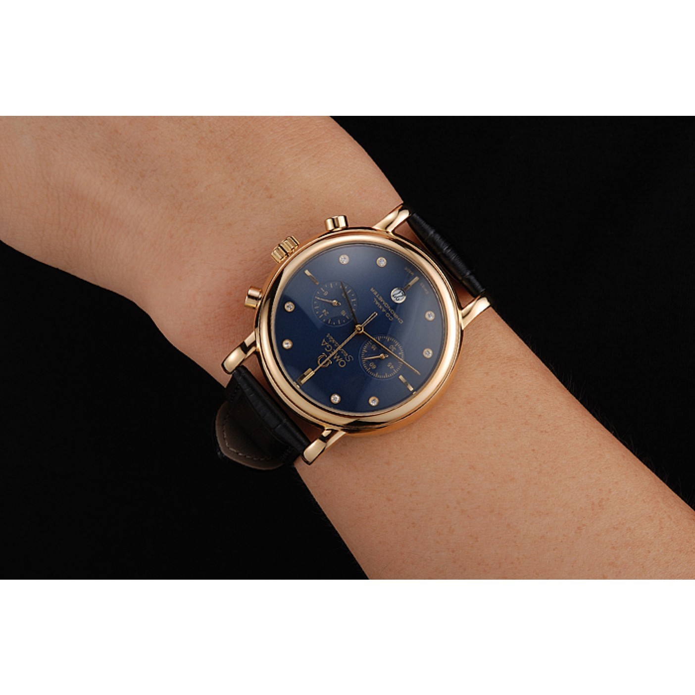 MiroTime Omega Seamaster Vintage Chronograph Blue Dial Diamond Hour Marks Gold Case Black Leather Strap