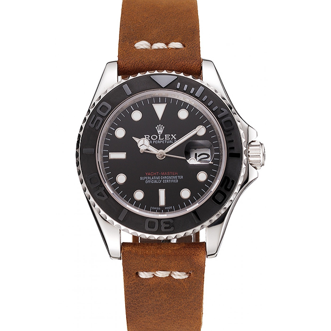 MiroTime Rolex Yacht Master Black Dial Silver Case Brown Leather Bracelet 1453859