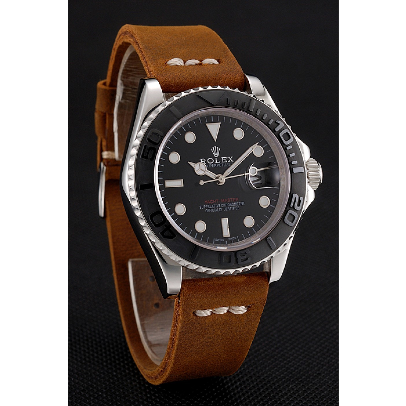 MiroTime Rolex Yacht Master Black Dial Silver Case Brown Leather Bracelet 1453859
