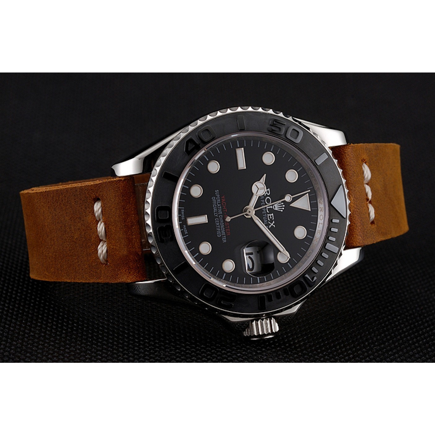 MiroTime Rolex Yacht Master Black Dial Silver Case Brown Leather Bracelet 1453859