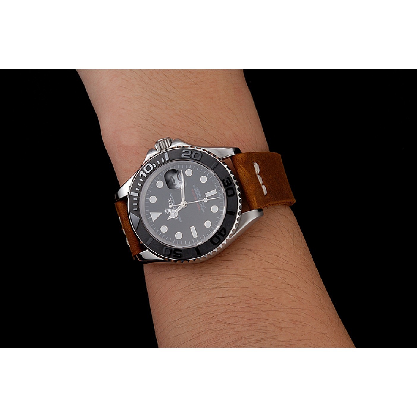 MiroTime Rolex Yacht Master Black Dial Silver Case Brown Leather Bracelet 1453859