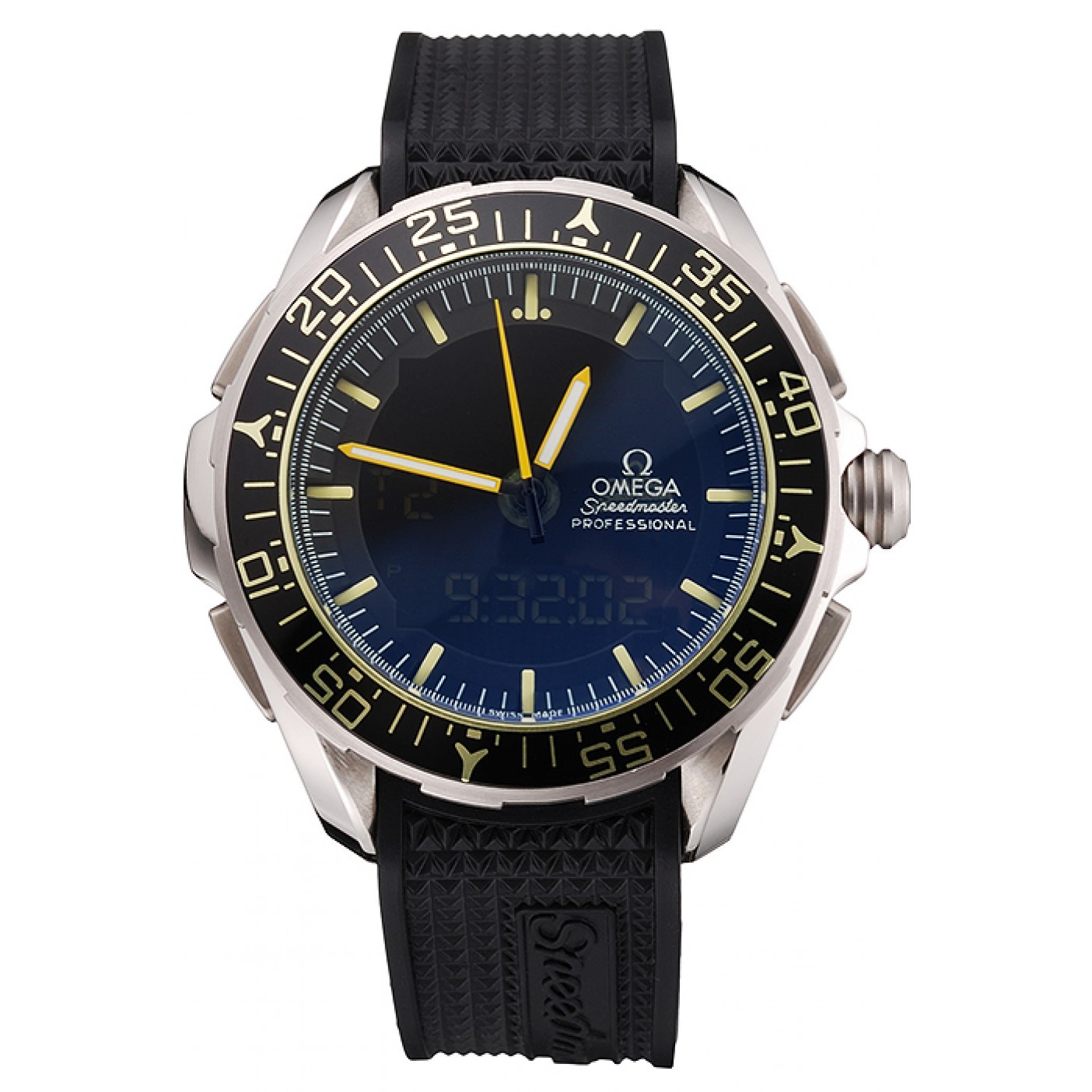 MiroTime Omega Speedmaster Skywalker X-33 Black Dial Yellow On Black Bezel Stainless Steel Case Black Rubber Strap