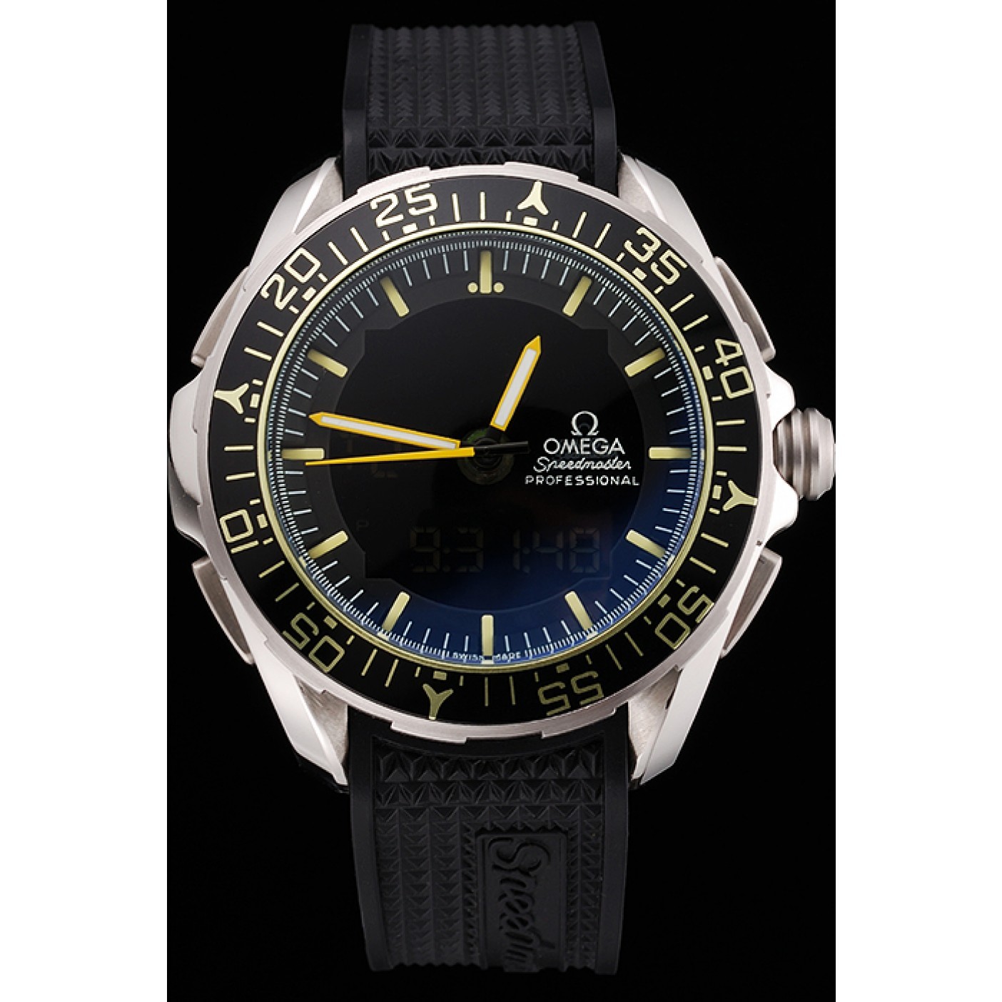 MiroTime Omega Speedmaster Skywalker X-33 Black Dial Yellow On Black Bezel Stainless Steel Case Black Rubber Strap