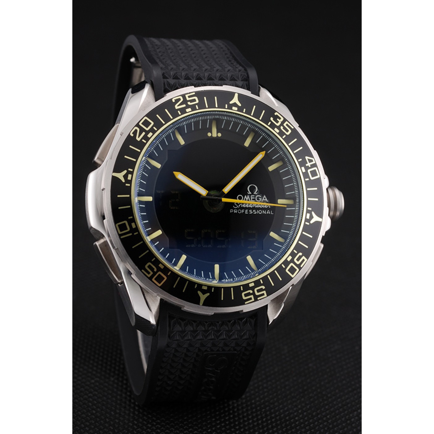MiroTime Omega Speedmaster Skywalker X-33 Black Dial Yellow On Black Bezel Stainless Steel Case Black Rubber Strap