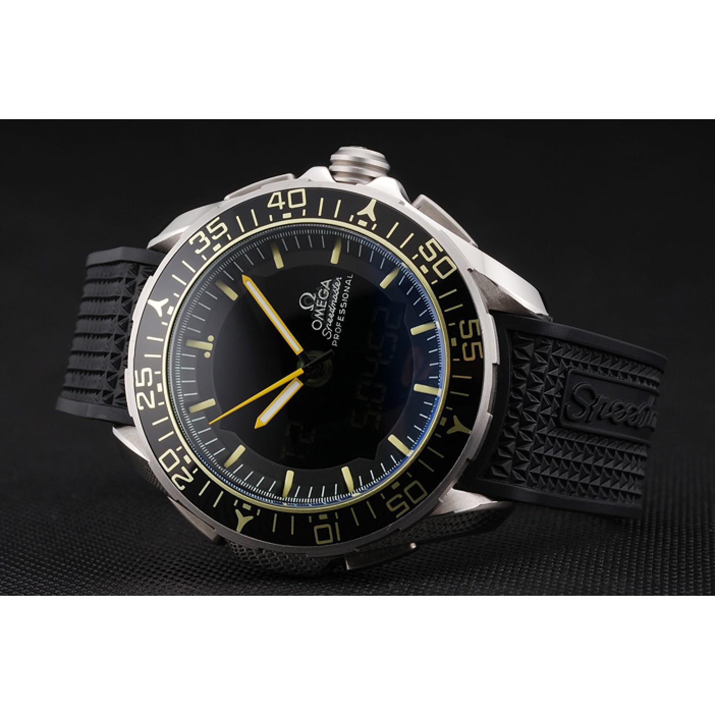 MiroTime Omega Speedmaster Skywalker X-33 Black Dial Yellow On Black Bezel Stainless Steel Case Black Rubber Strap