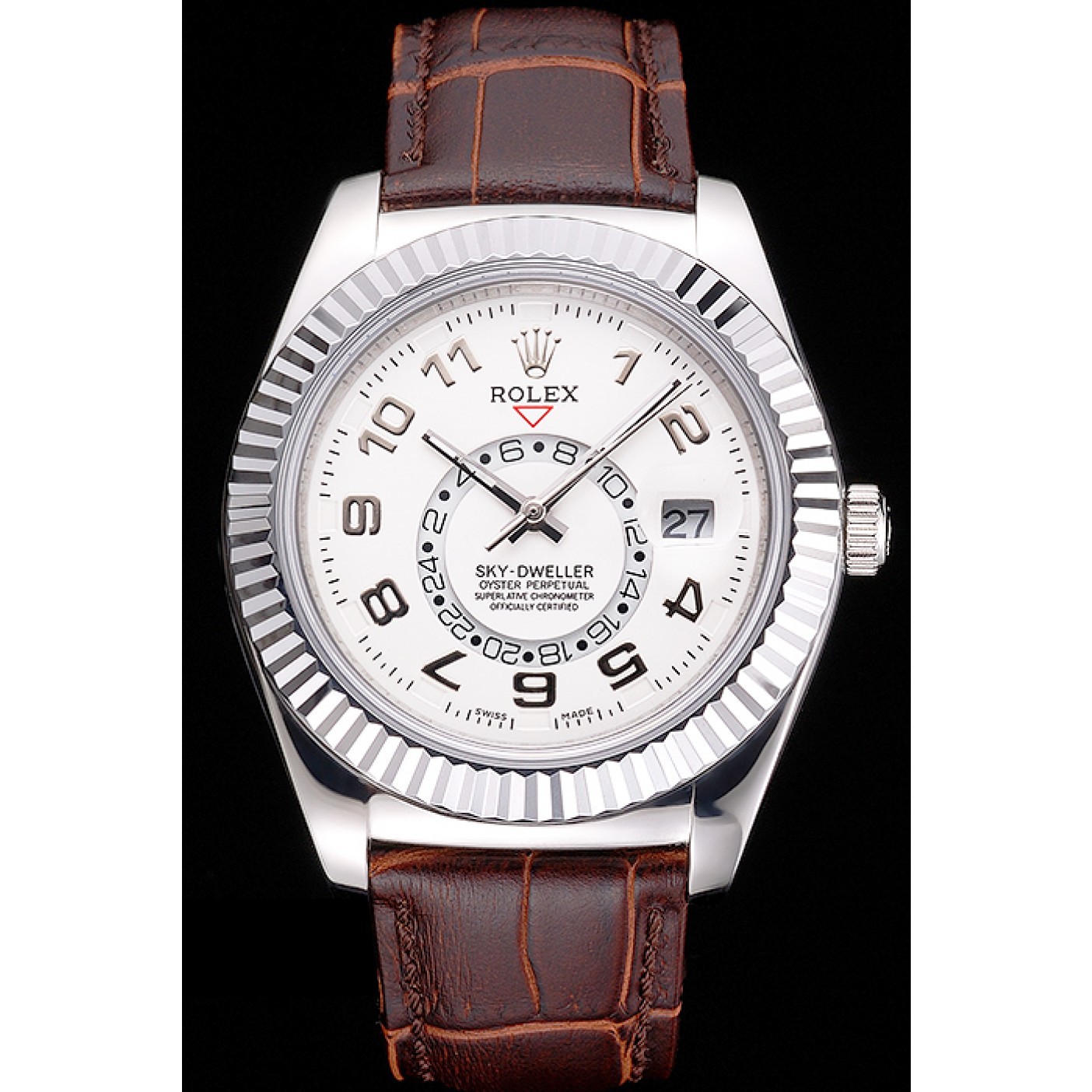 MiroTime Rolex Sky Dweller White Dial Stainless Steel Case Brown Leather Strap
