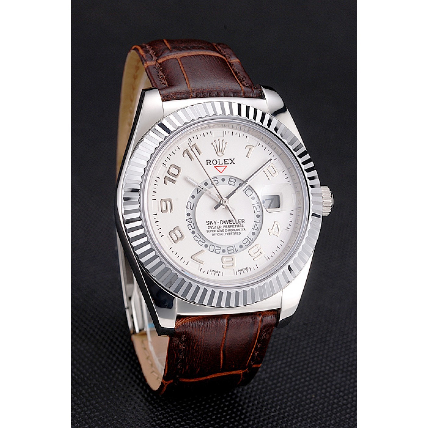 MiroTime Rolex Sky Dweller White Dial Stainless Steel Case Brown Leather Strap