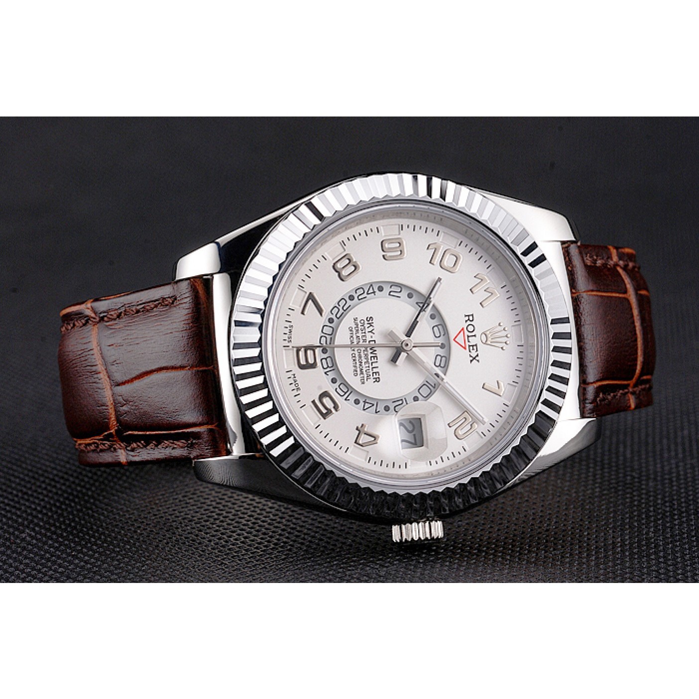 MiroTime Rolex Sky Dweller White Dial Stainless Steel Case Brown Leather Strap
