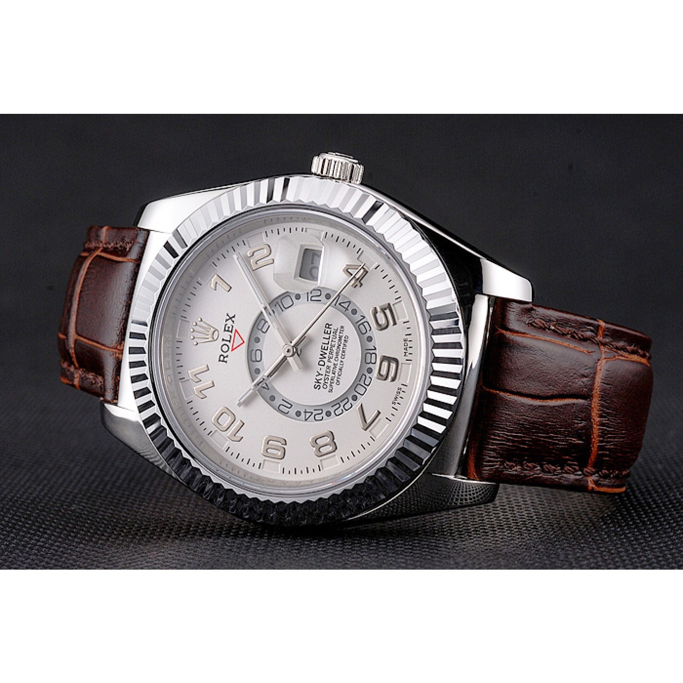 MiroTime Rolex Sky Dweller White Dial Stainless Steel Case Brown Leather Strap