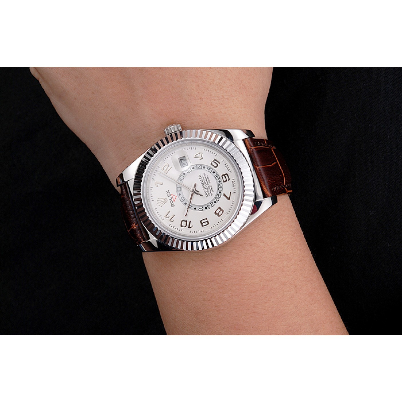 MiroTime Rolex Sky Dweller White Dial Stainless Steel Case Brown Leather Strap
