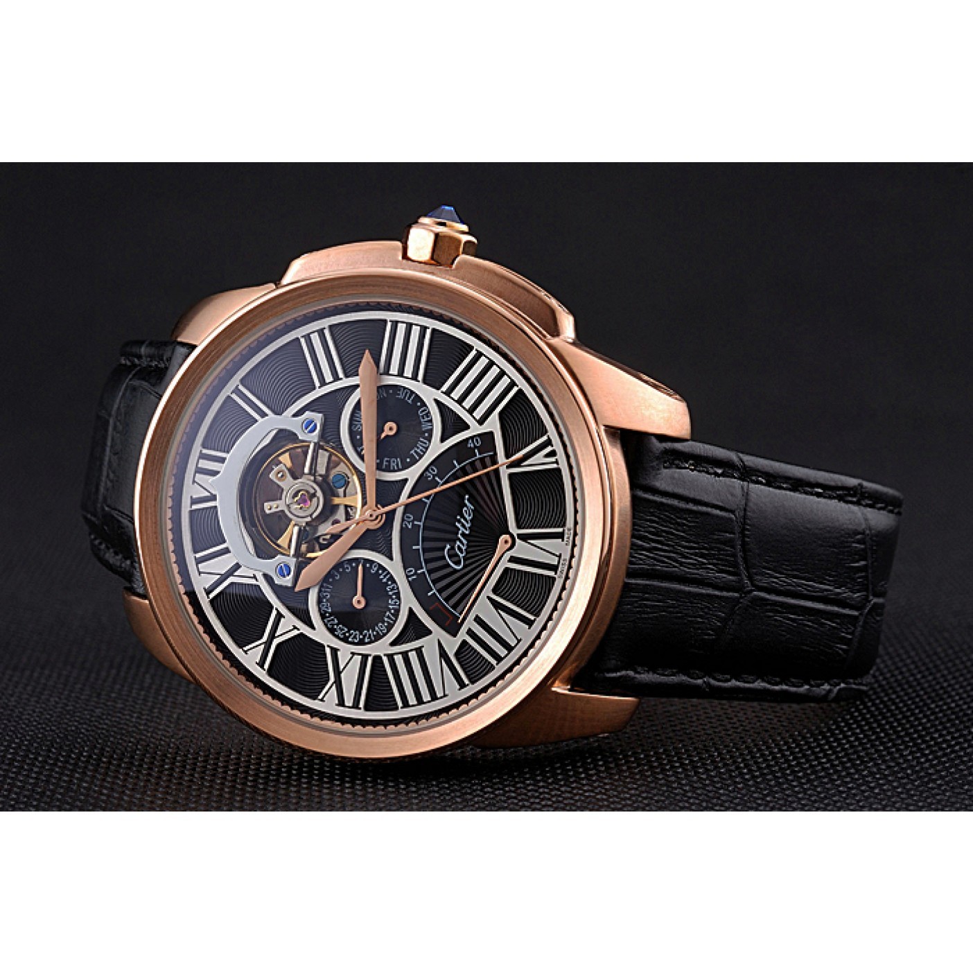 MiroTime Cartier Calibre Tourbillon Black Dial Gold Case Black Leather Strap 622754