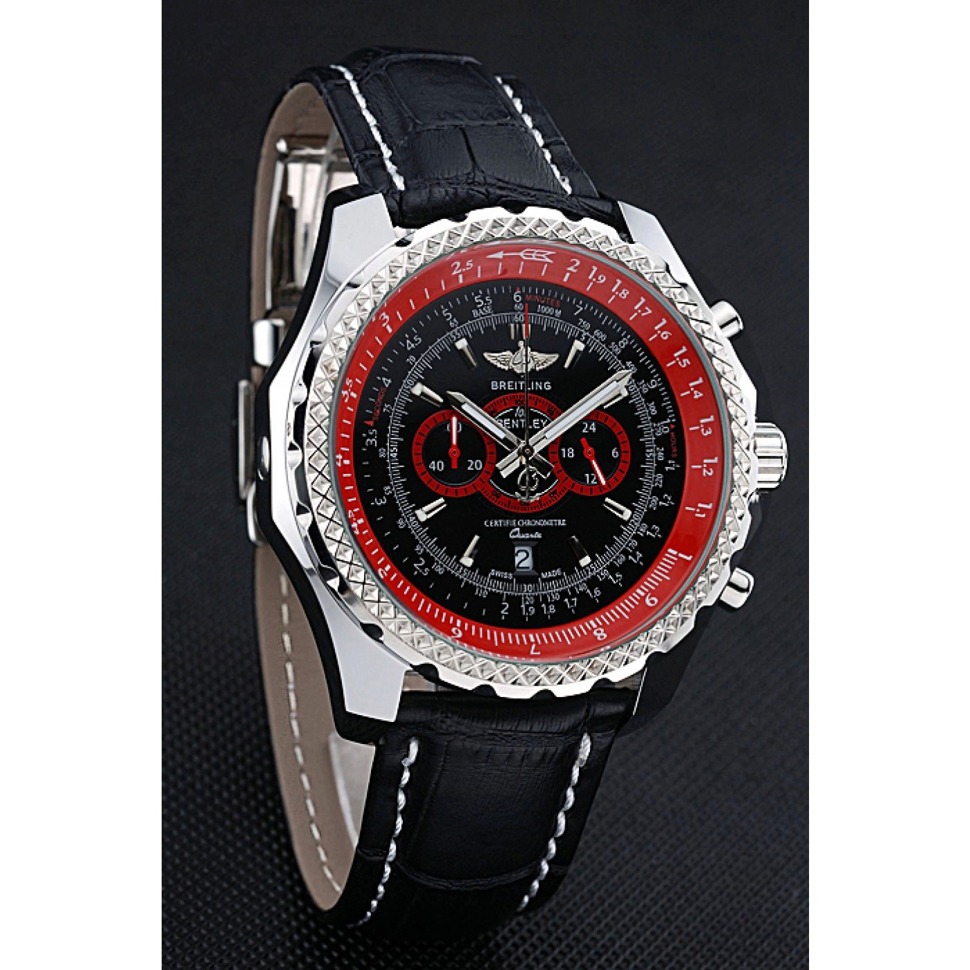 MiroTime Breilting Bentley Supersports Black And Red Dial Black Leather Bracelet 622430