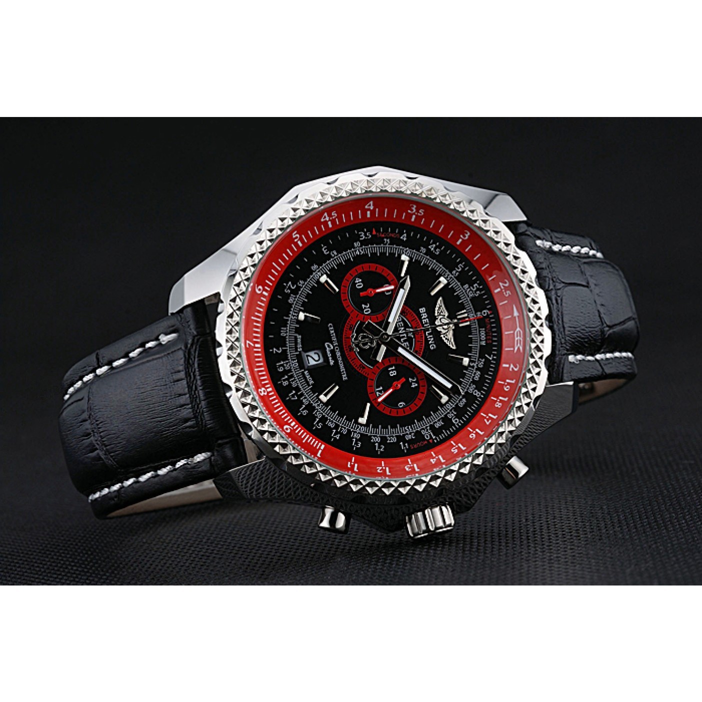 MiroTime Breilting Bentley Supersports Black And Red Dial Black Leather Bracelet 622430