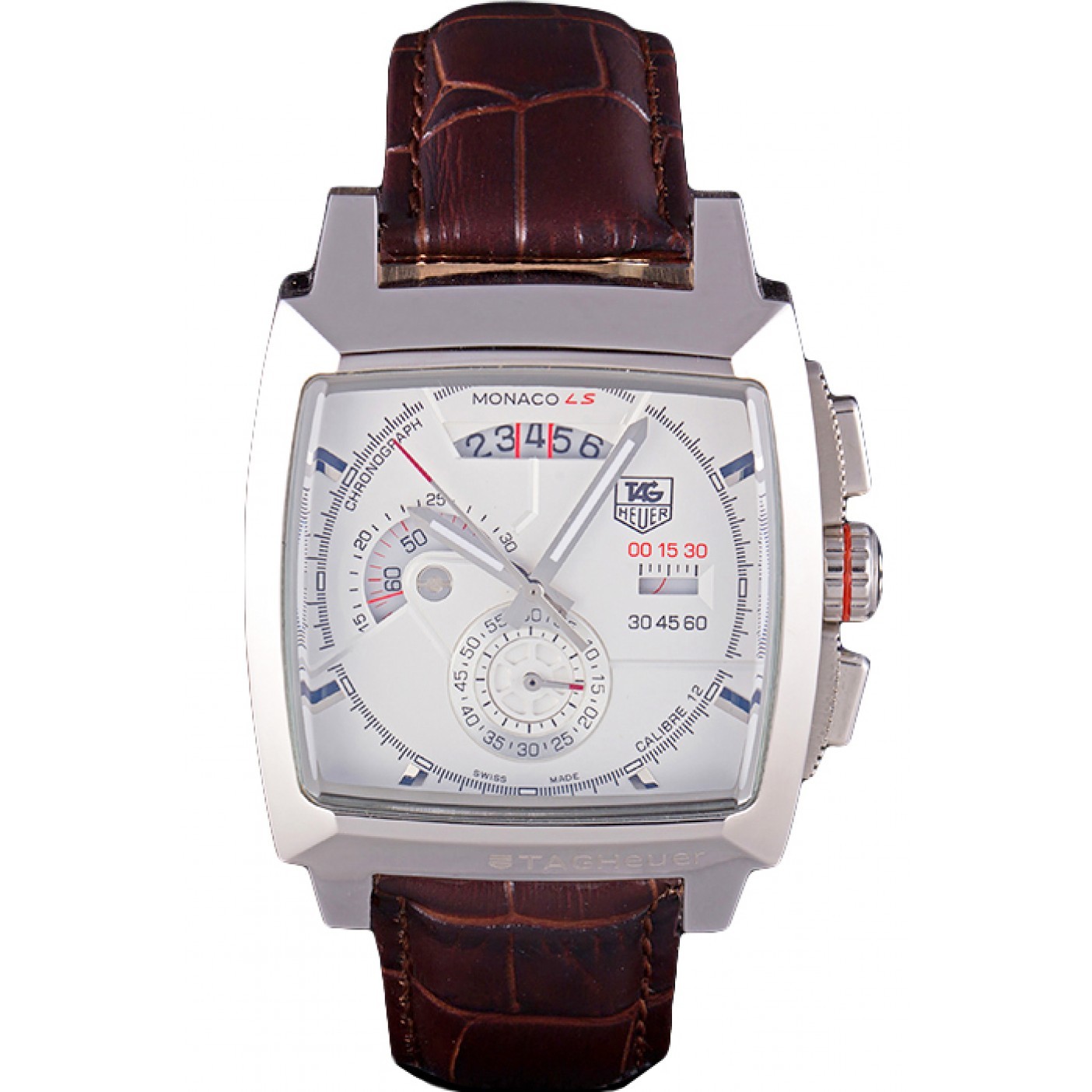 MiroTime Tag Heuer Monaco Brushed Stainless Steel Case White Dial Brown Leather Strap 98173