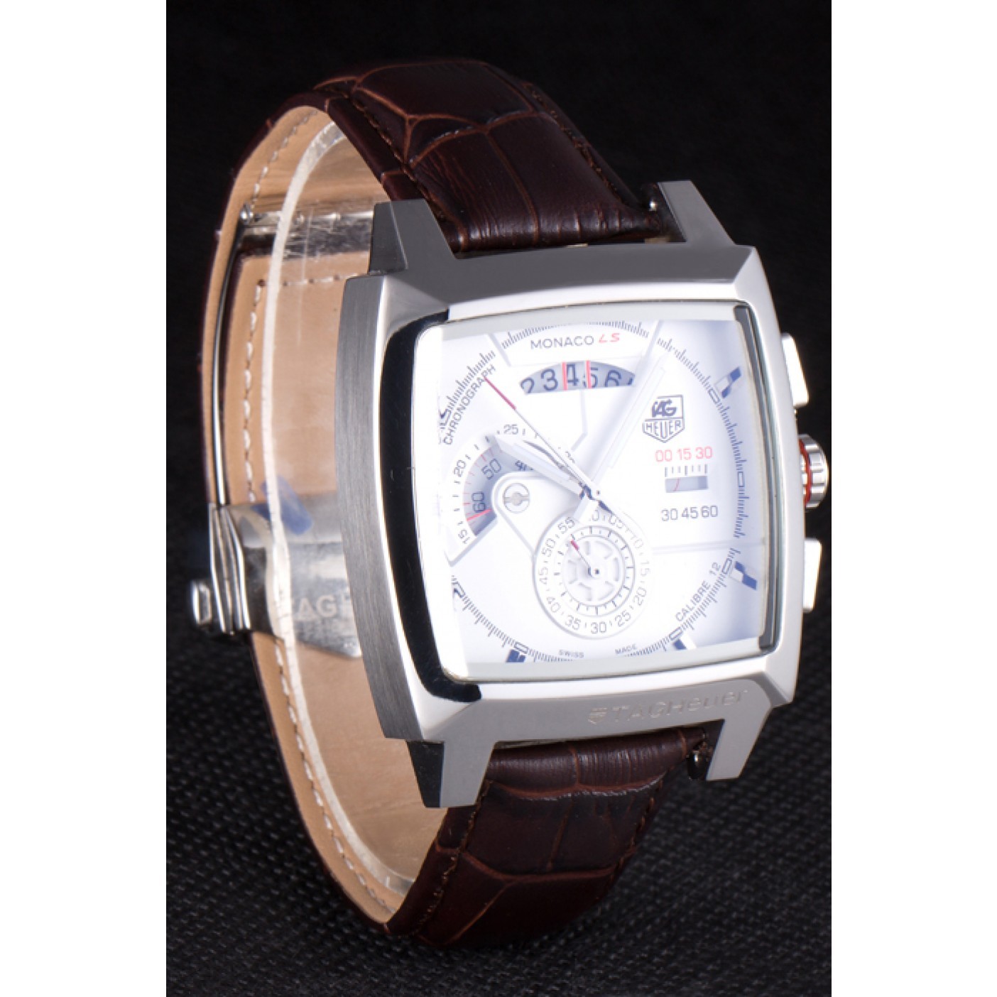 MiroTime Tag Heuer Monaco Brushed Stainless Steel Case White Dial Brown Leather Strap 98173