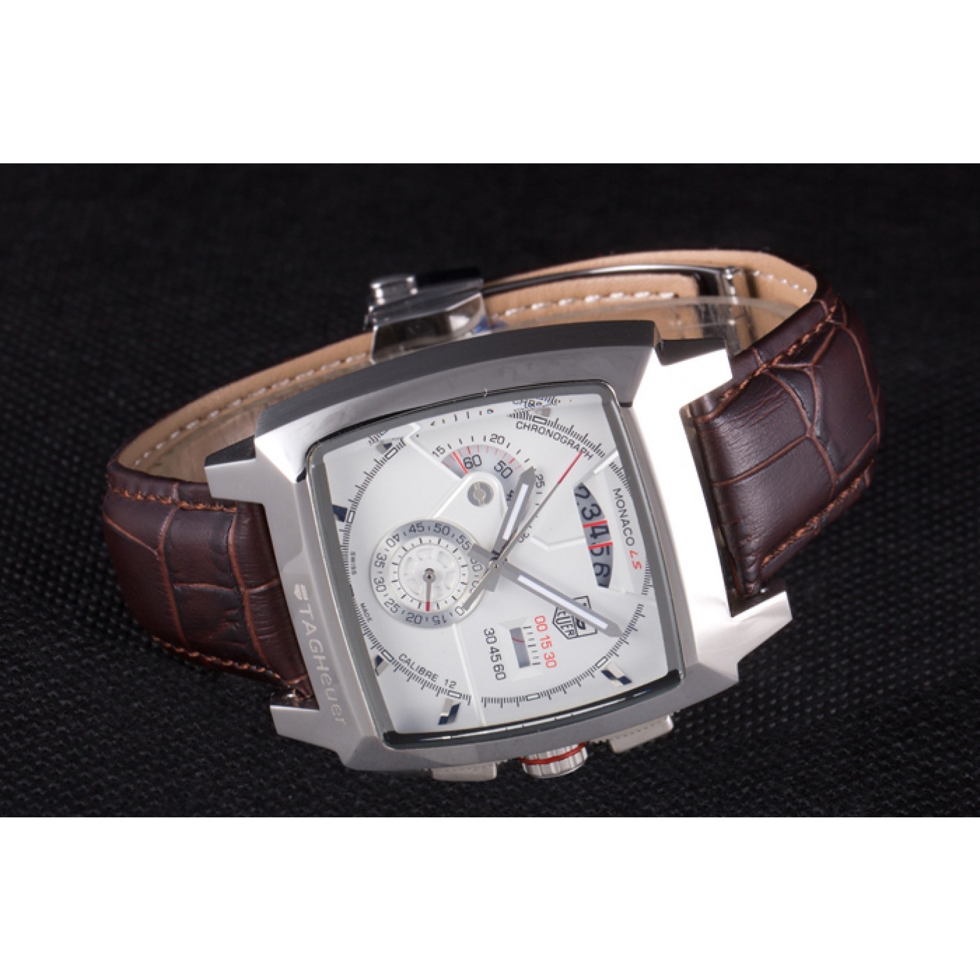 MiroTime Tag Heuer Monaco Brushed Stainless Steel Case White Dial Brown Leather Strap 98173