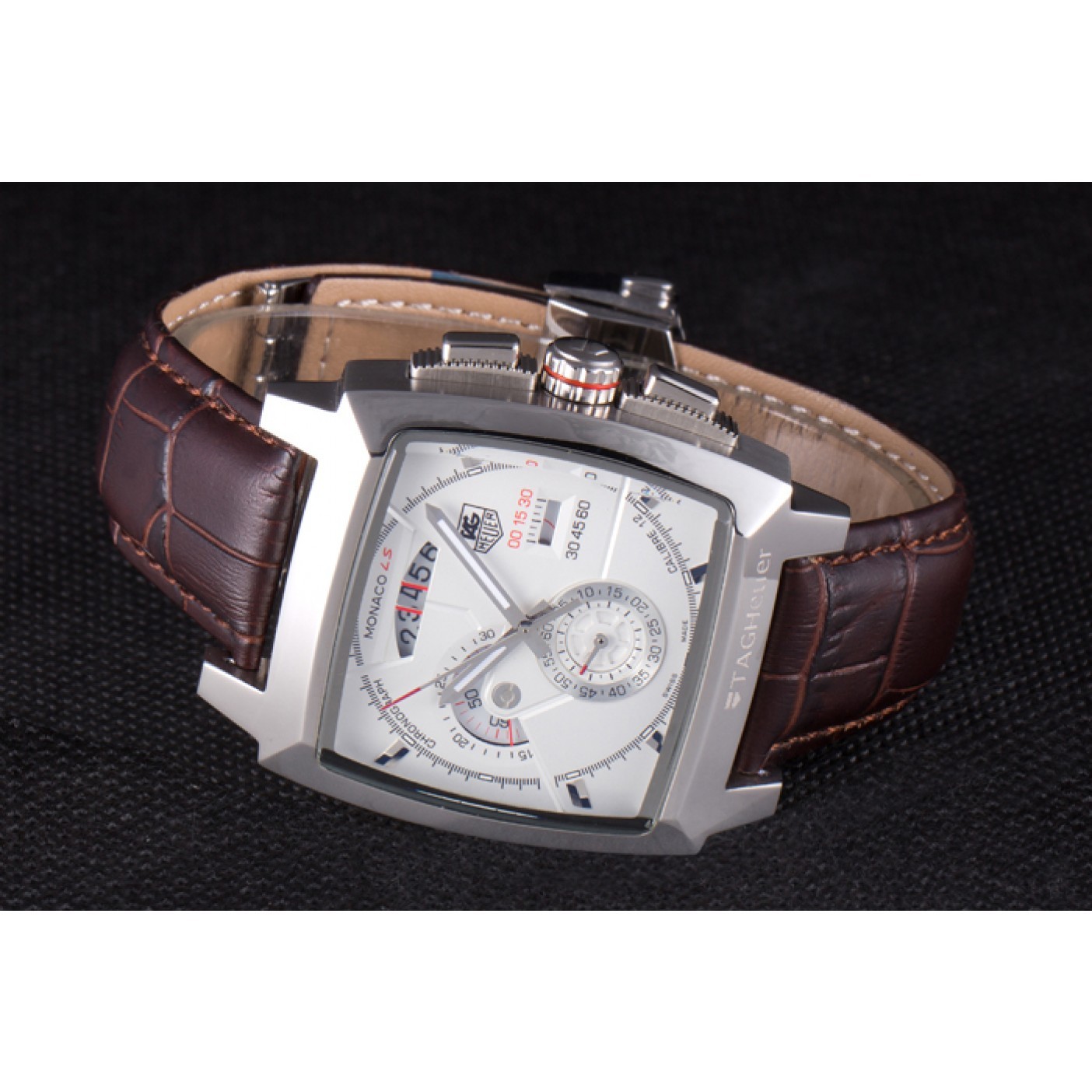 MiroTime Tag Heuer Monaco Brushed Stainless Steel Case White Dial Brown Leather Strap 98173