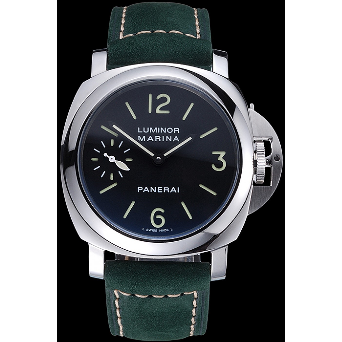 MiroTime Panerai Luminor Marina Polished Stainless Steel Bezel Green Leather Bracelet 622310