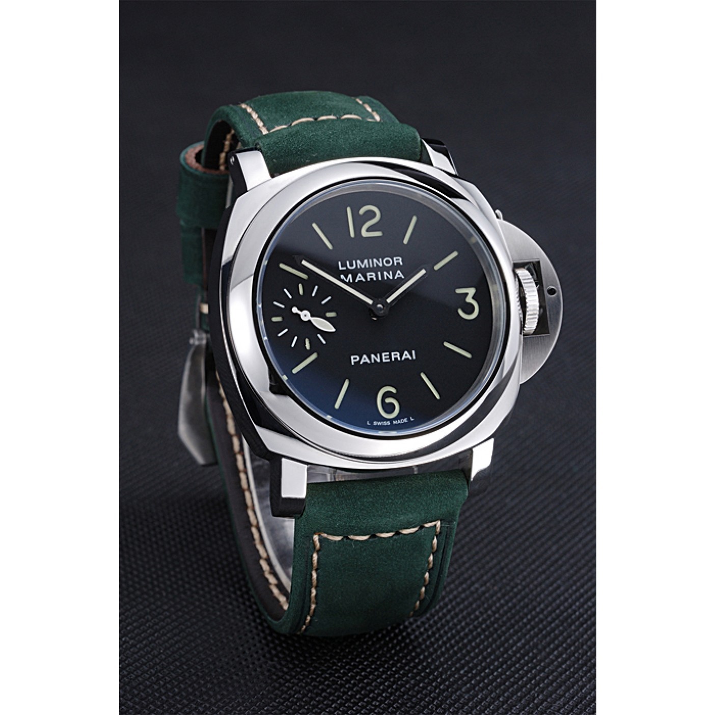 MiroTime Panerai Luminor Marina Polished Stainless Steel Bezel Green Leather Bracelet 622310