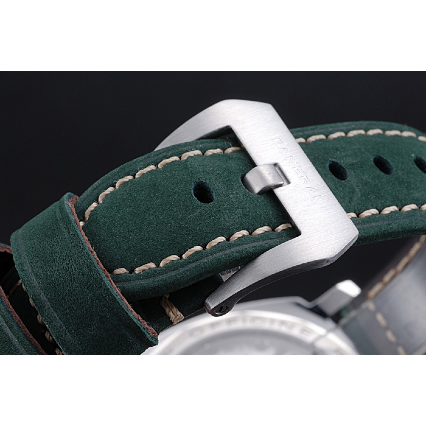 MiroTime Panerai Luminor Marina Polished Stainless Steel Bezel Green Leather Bracelet 622310