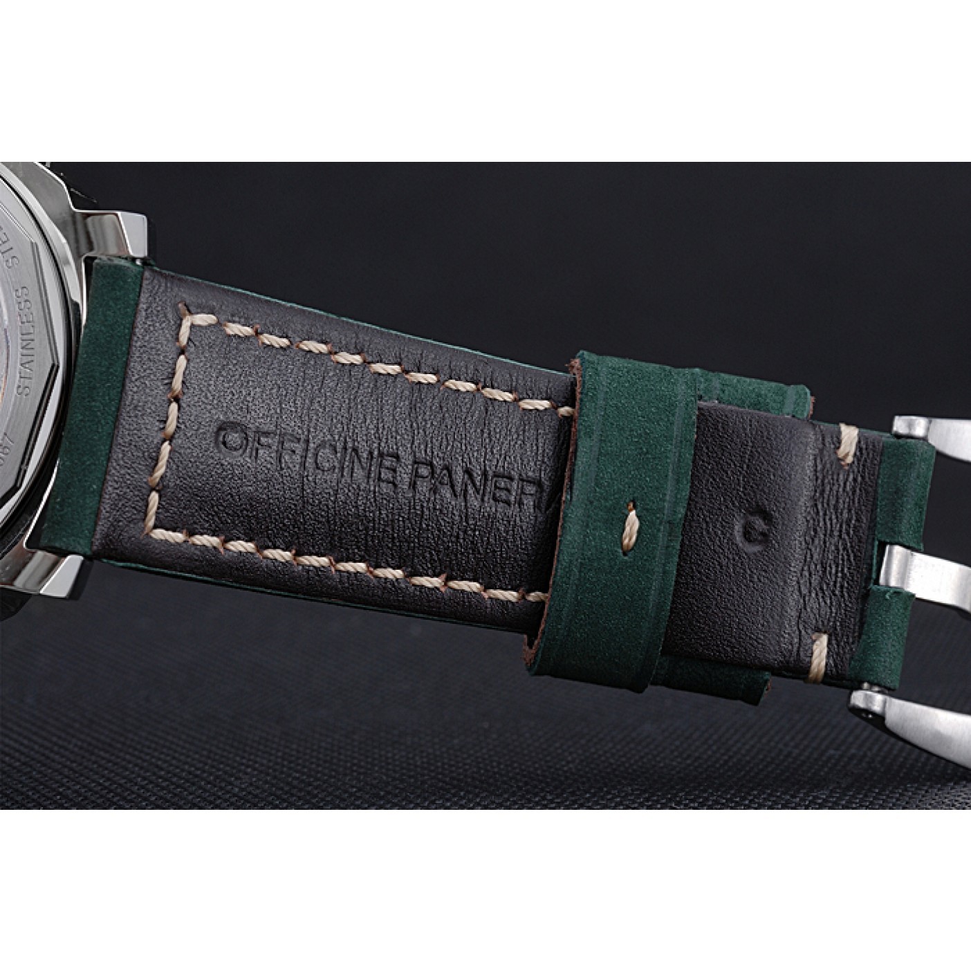 MiroTime Panerai Luminor Marina Polished Stainless Steel Bezel Green Leather Bracelet 622310