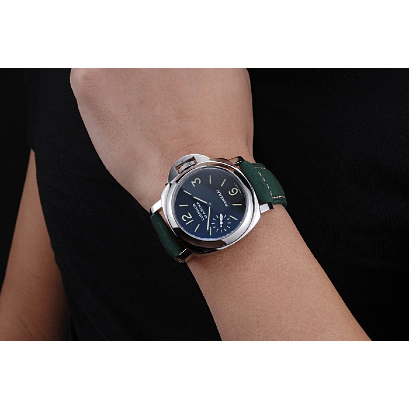 MiroTime Panerai Luminor Marina Polished Stainless Steel Bezel Green Leather Bracelet 622310