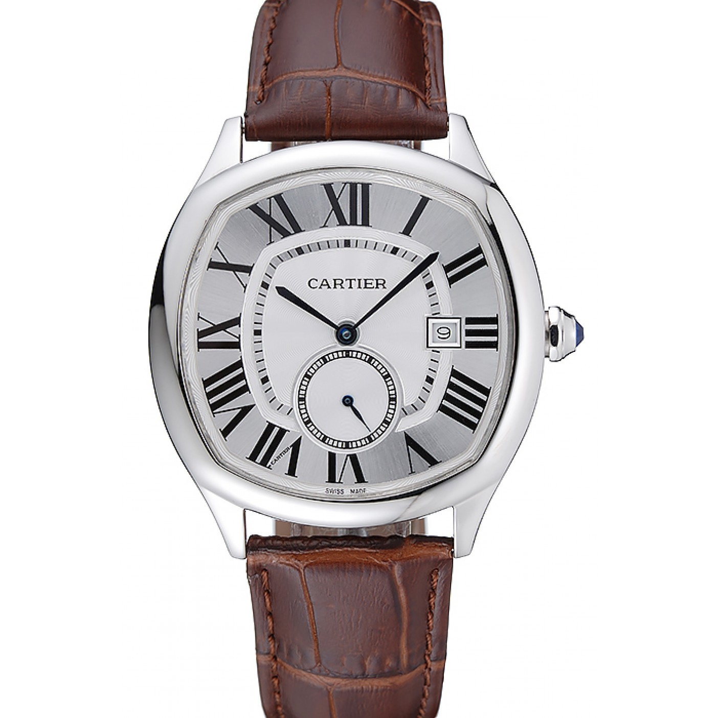 MiroTime Cartier Drive De Cartier White Dial Silver Case Brown Leather Bracelet 1454210