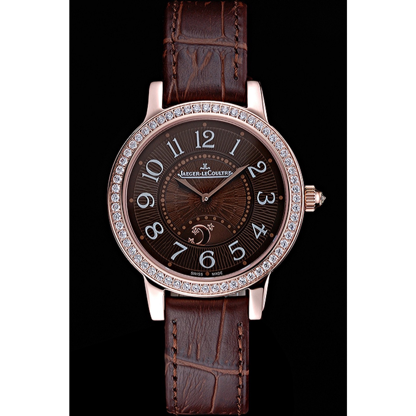 MiroTime Jaeger LeCoultre Rendez-Vous Brown Dial Brown Leather Strap Rose Gold Diamond Bezel 622084