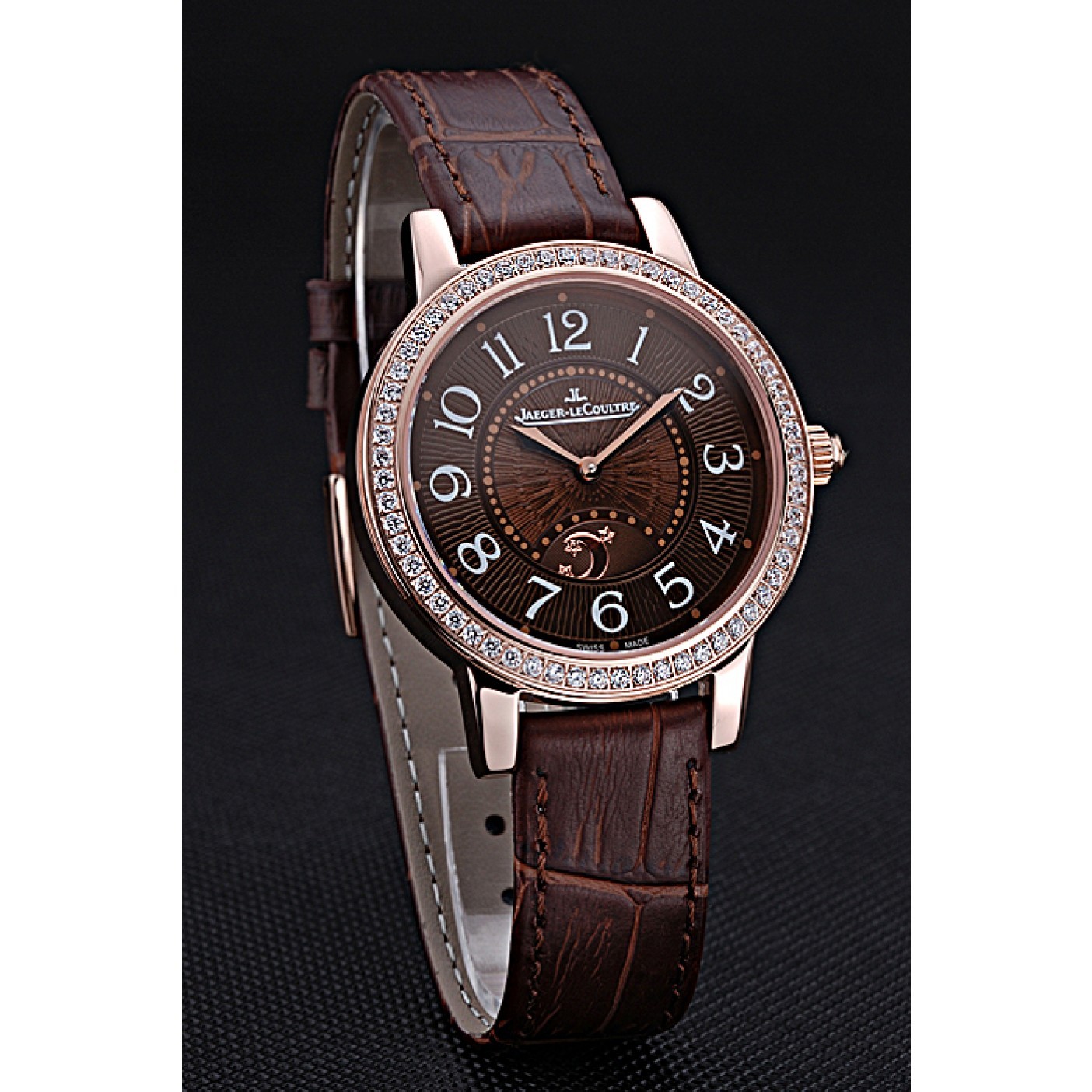 MiroTime Jaeger LeCoultre Rendez-Vous Brown Dial Brown Leather Strap Rose Gold Diamond Bezel 622084