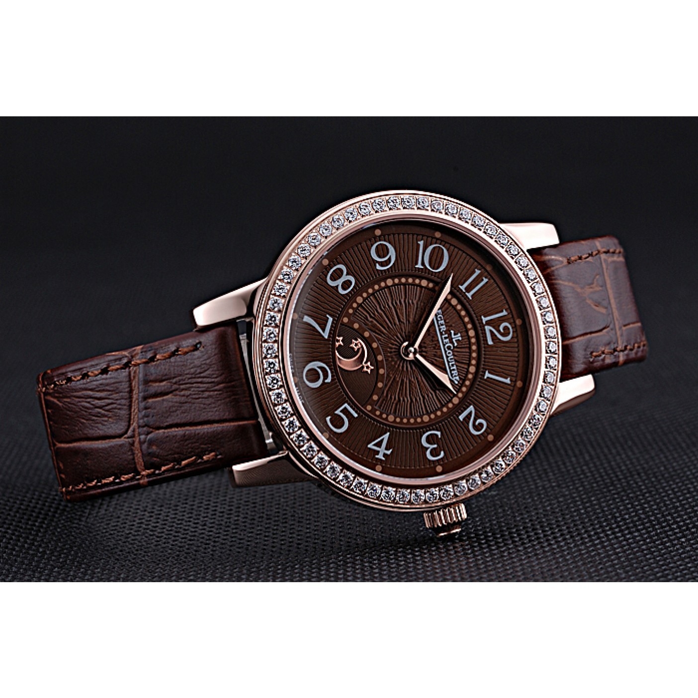 MiroTime Jaeger LeCoultre Rendez-Vous Brown Dial Brown Leather Strap Rose Gold Diamond Bezel 622084