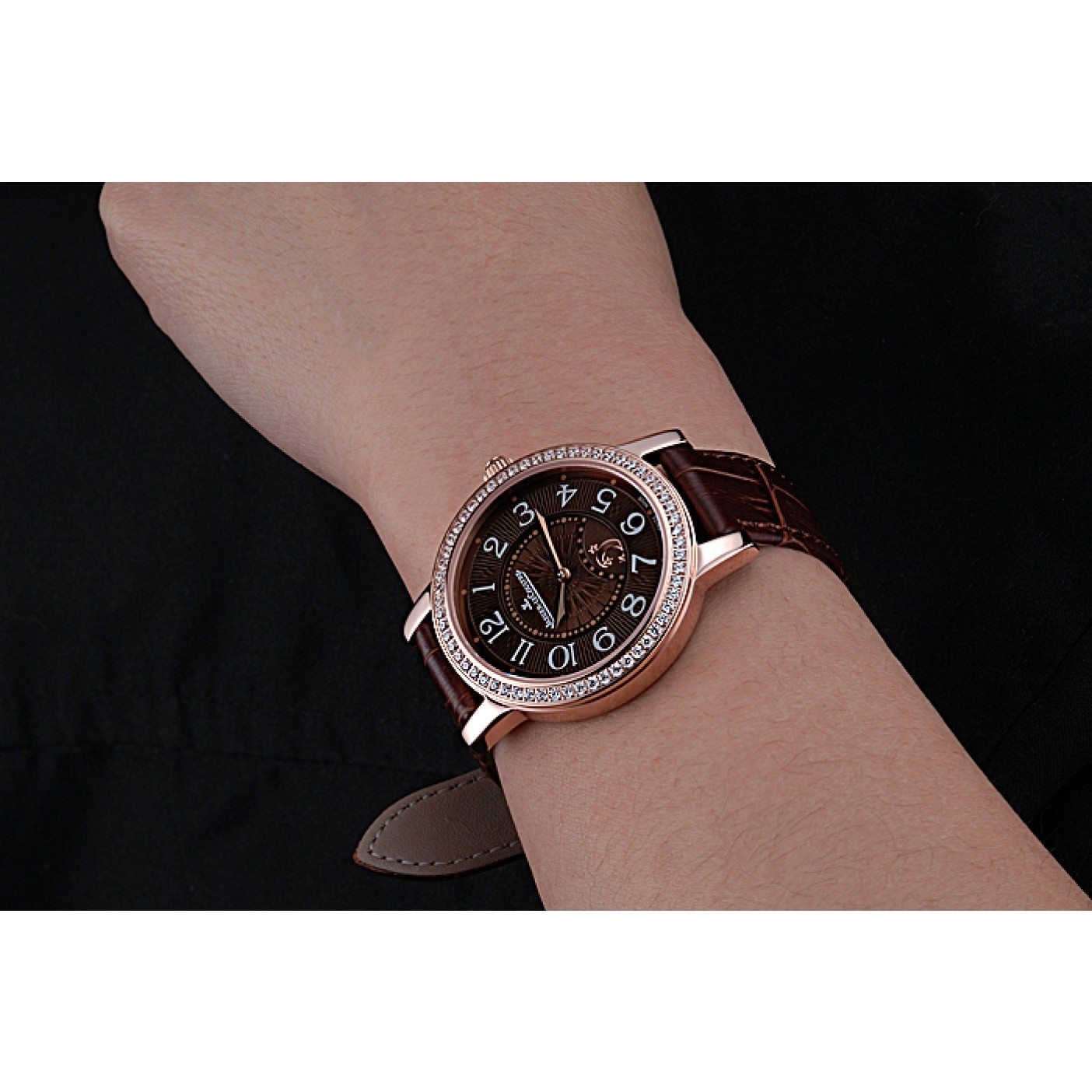 MiroTime Jaeger LeCoultre Rendez-Vous Brown Dial Brown Leather Strap Rose Gold Diamond Bezel 622084