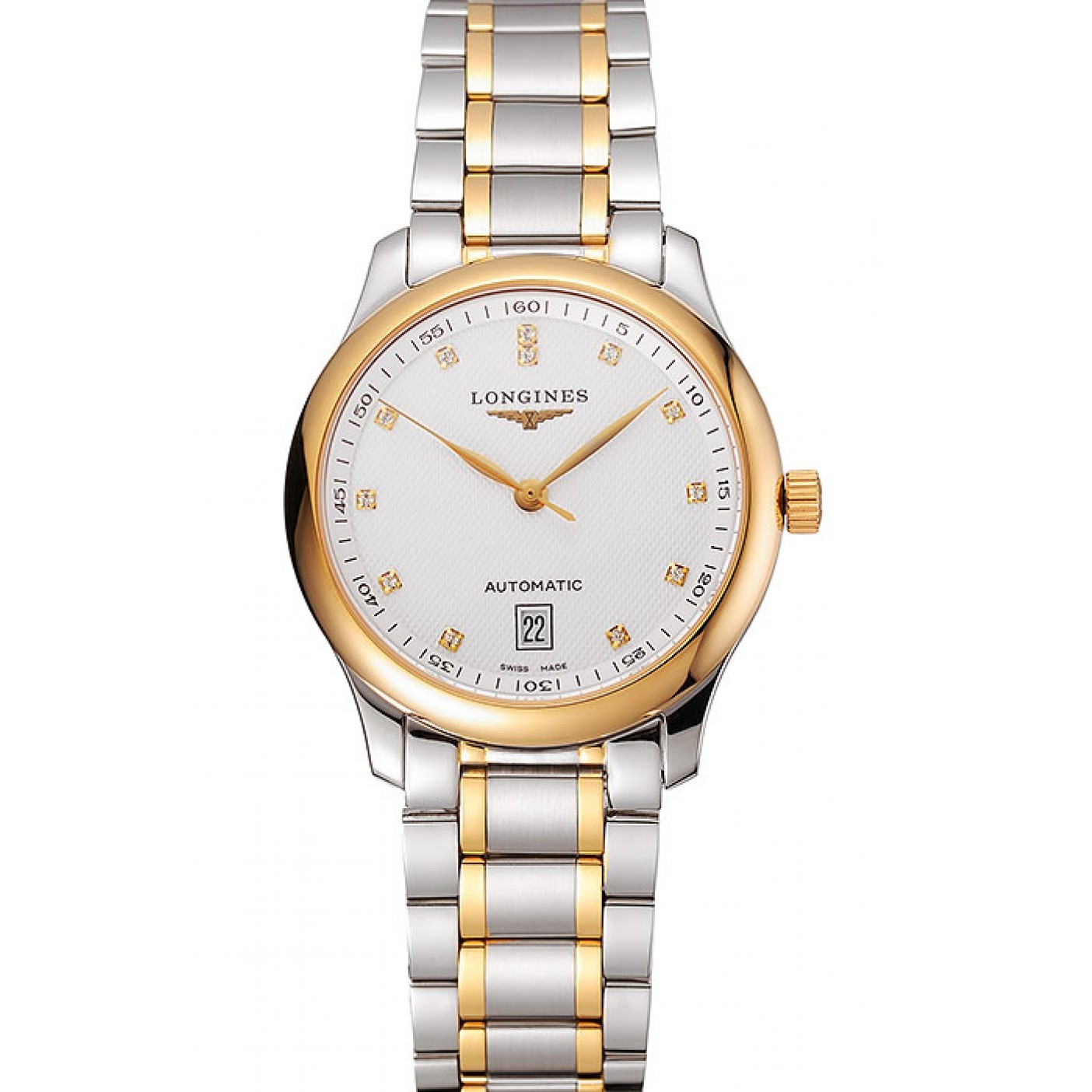 MiroTime Swiss Longines Master White Dial Diamond Hour Markers Two Tone Stainless Steel Bracelet 1453930