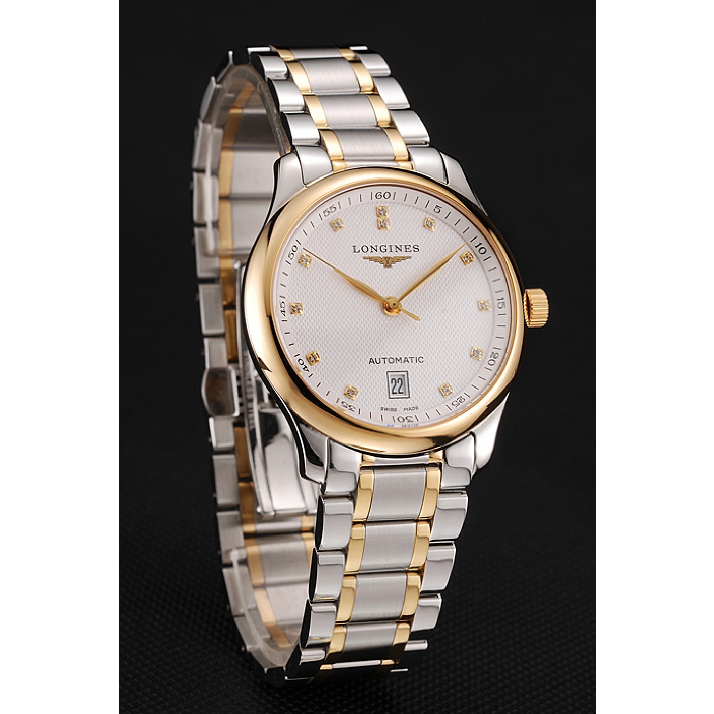 MiroTime Swiss Longines Master White Dial Diamond Hour Markers Two Tone Stainless Steel Bracelet 1453930